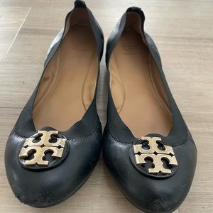 Tory Burch black and gold logo ballet flats